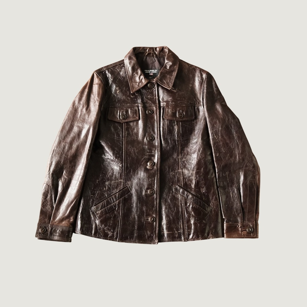 Polo Jeans Co Ralph Lauren Leather Jacket Brown Button Utility Size L Vintage